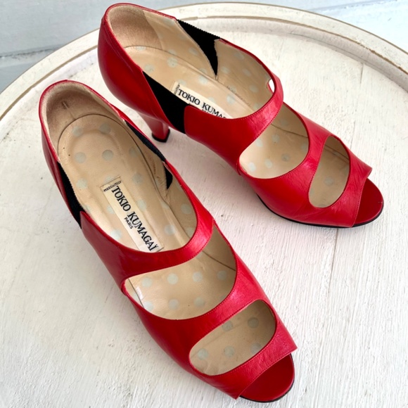Vintage TOKIO KUMAGAI Red/ Black Leather Pumps Made In Italy - 39 1/2 - Picture 2 of 13
